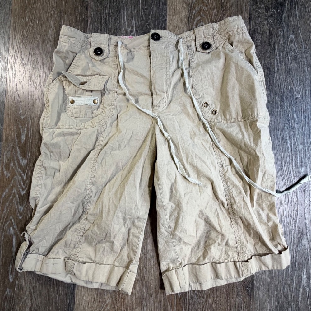 Kim Rogers Bermuda Shorts Womens 10 Khaki Tan Cargo Drawstring Cuffed Utility